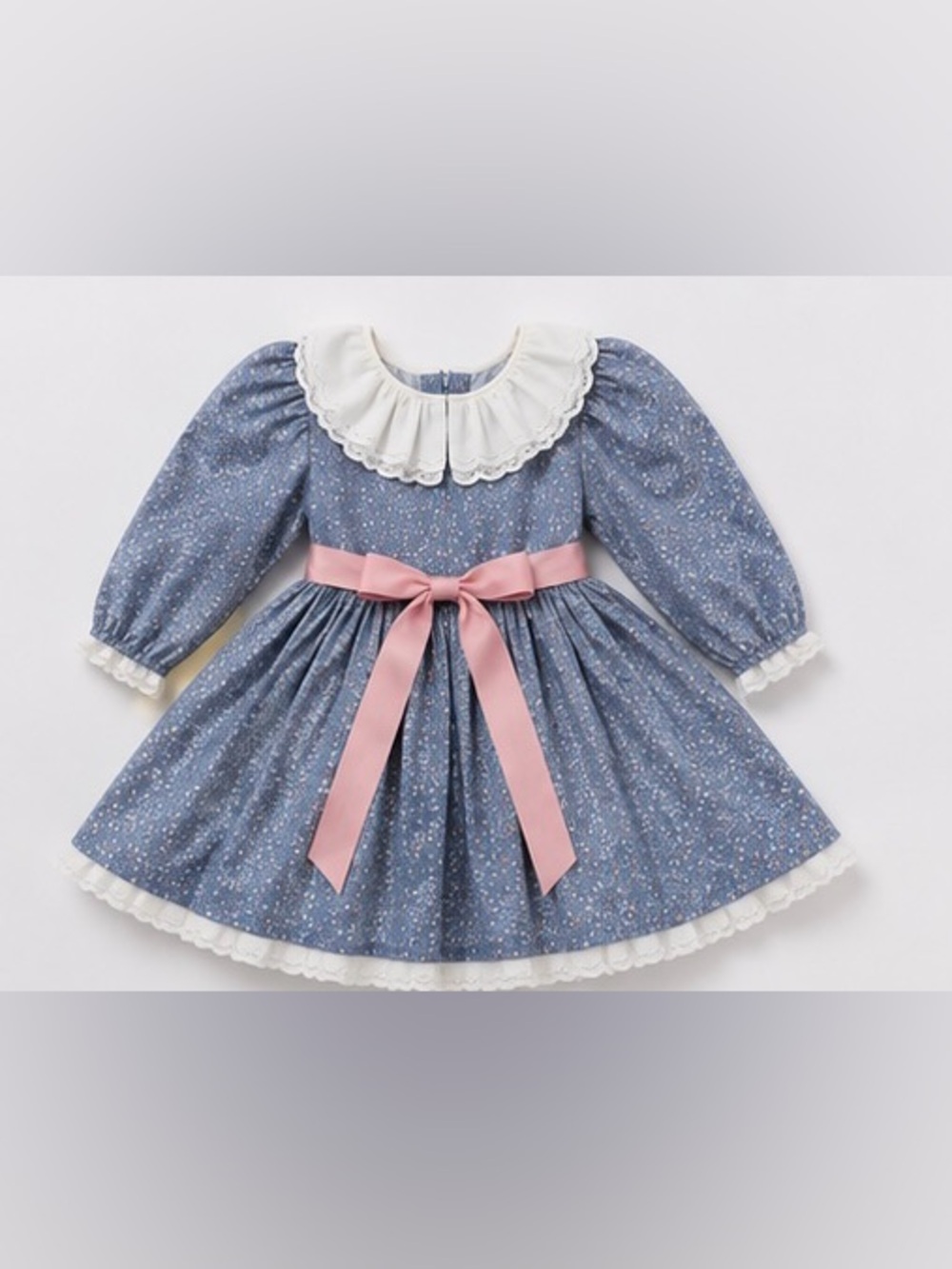 Blue Floral Long-Sleeve Dress with Pink Bow for Kids - Picture 2 of 4